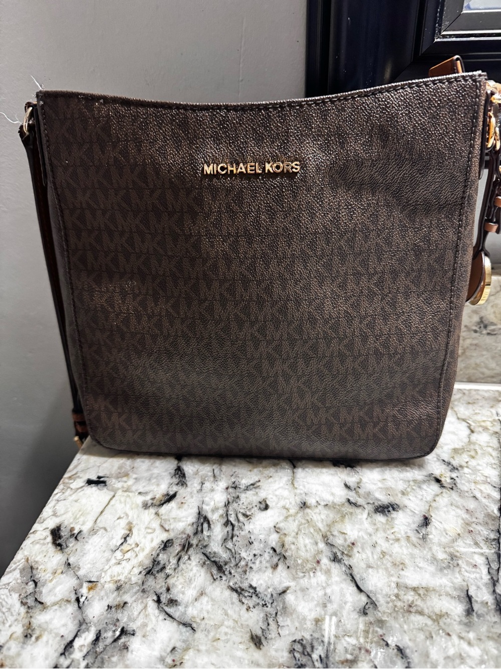 MICHAEL KORS Dark Brown Signature Messenger Bag with Gold Hardware